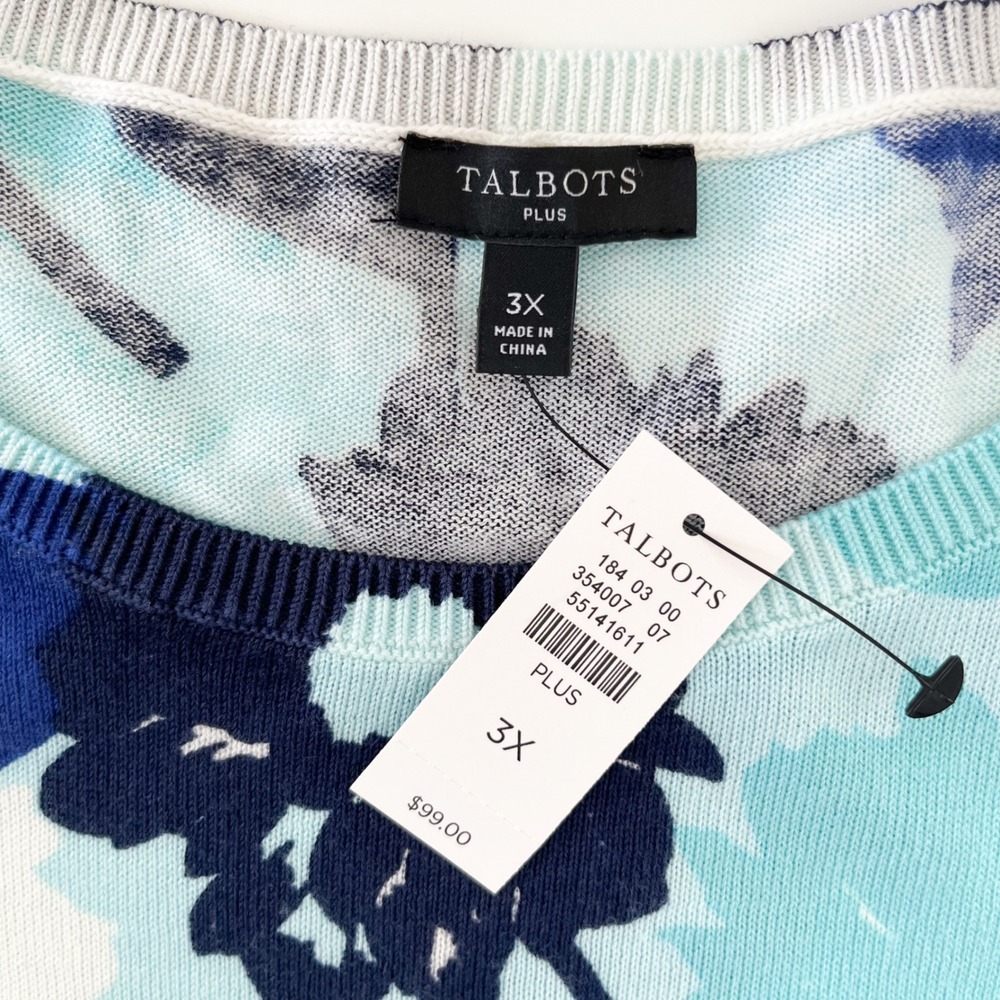 NEW Talbots Plus Puff Sleeve Lightweight Sweater Blue Abstract Floral Womens 3X - Picture 10 of 12